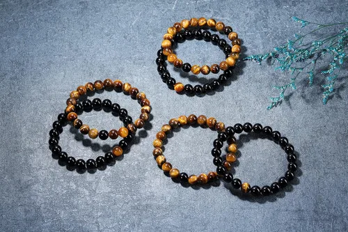 Vista 3 de Jovivi 2 pulseras elásticas de piedra curativa de obsidiana negra y ojo de tigre de 0.315 pulgadas, hechas a mano, piedras preciosas redondas