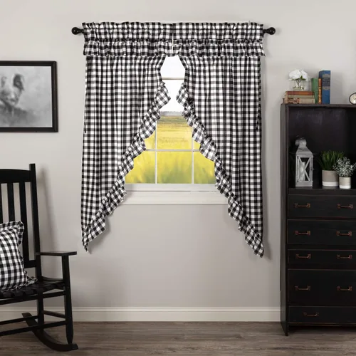 Vista 8 de VHC Brands Annie Buffalo - Cortinas de cocina de algodón a cuadros con bolsillo para barra, cordón de amarre con volantes, par de botes de pradera