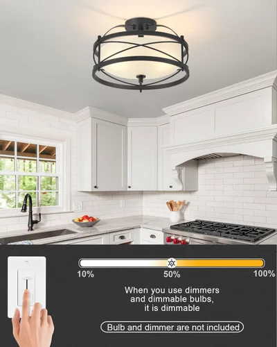 Vista 5 de Accesorios de luz de tambor para entrada, lámpara de techo rústica de montaje semiempotrado para pasillo, sala de estar, dormitorio, cocina (negro)