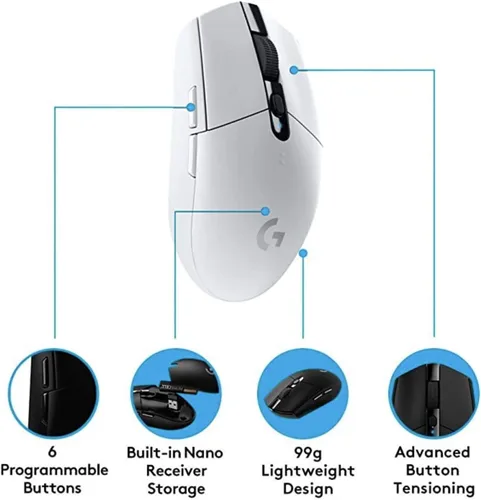 Vista 4 de Logitech G305 Lightspeed - Mouse inalámbrico para juegos, sensor HERO, 12,000 DPI, ligero, 6 botones programables, duración de la batería de 250