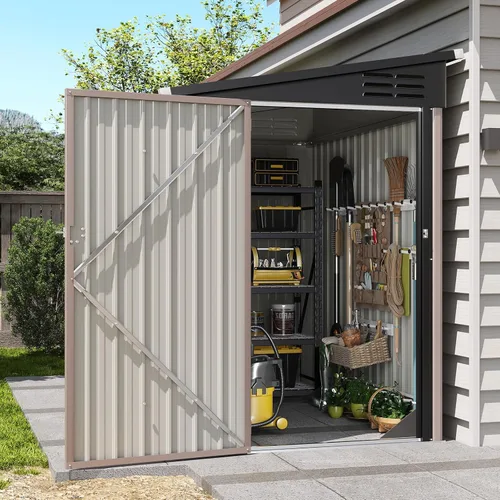 Vista 9 de Aoxun Cobertizo de almacenamiento de acero para jardín al aire libre de 6 x 4 pies con puerta con bloqueo impermeable y resistente a la oxidación