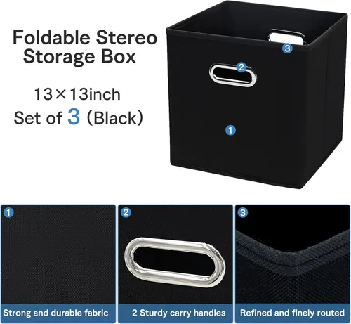 Vista 7 de STOREONE Contenedores organizadores de 13 pulgadas, cubo de almacenamiento de tela negra, cesta de almacenamiento plegable con asas dobles y cajas