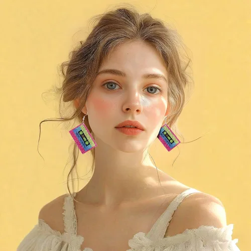 Vista 4 de Neon Earrings 80s 90s Earrings for Women Retro Acrylic Cassette Tape Style Radio Drop Earring Neon Jewelry for 80s90s Halloween Cosplay Glow Party
