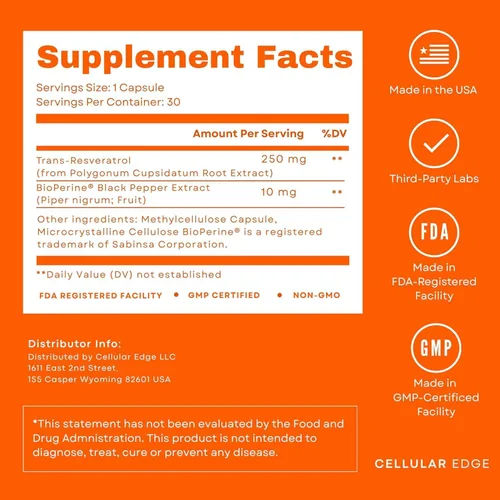 Vista 2 de Trans-resveratrol 250 mg (≥98% puro) con BioPerine® Fabricado en Estados Unidos Probado por terceros Apoyo a la salud celular y longevidad