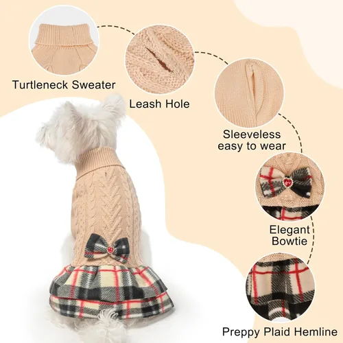 Vista 2 de BEAUTYZOO Vestido de suéter para perrita, suéter de punto trenzado para perritas pequeñas - Suéter de cuello alto con falda a cuadros y moño Beige
