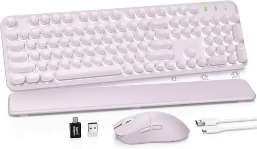 Vista 27 de Combo de teclado y mouse inalámbricos, teclado retro con teclas redondas, teclado estilo máquina de escribir de tamaño completo con reposamuñecas