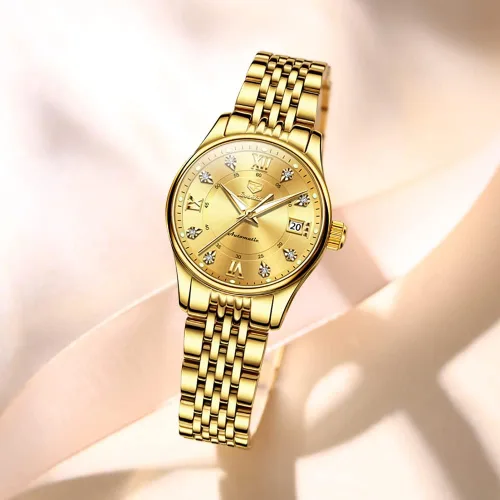 Vista 8 de OLEVS Reloj automático para mujer, de lujo, con cuerda automática, de diamante, de acero inoxidable, de fase lunar, impermeable, esfera azul luminosa