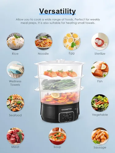 Vista 4 de Vaporizador eléctrico de 3 niveles para cocinar, vaporizador de verduras de 13.7 cuartos de galón para cocción simultánea rápida, vaporizador