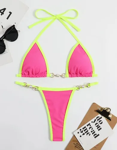 Vista 2 de ATENGNES Conjunto de bikini de 2 piezas para mujer, traje de baño de cadena con tanga triangular acanalada