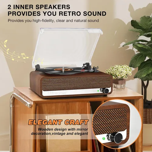 Vista 2 de Reproductor de discos de vinilo con altavoces, tocadiscos de 3 velocidades con Bluetooth, Aux, conector para auriculares, salida RCA y parada