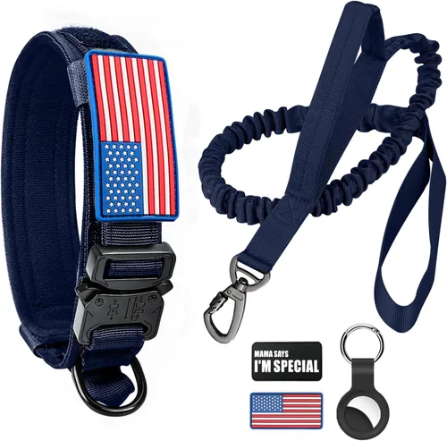 Vista 14 de Collar táctico para perro y correa elástica, juego de collar y correa militar para perro con bandera estadounidense de Estados Unidos, collar K9