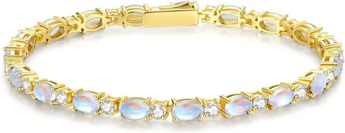 Vista 12 de FANCIME 14K Gold Plated Silver Birthstone Tennis Bracelets for Women 7" Abril