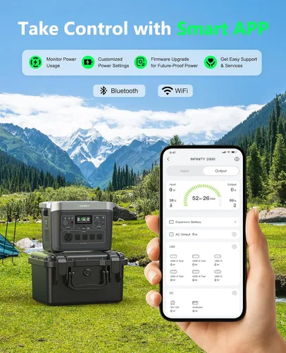 Vista 8 de GROWATT Estación de energía portátil, generador solar eléctrico negro INFINITY 2000, batería LifePO4 de 2048 Wh, salida de CA de 2400 W para uso