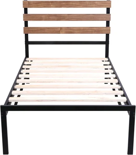 Vista 3 de KOMFOTT Base de cama de metal de tamaño individual con cabecero de madera y tablillas, base de colchón de plataforma de hierro de alta gama de 15.5