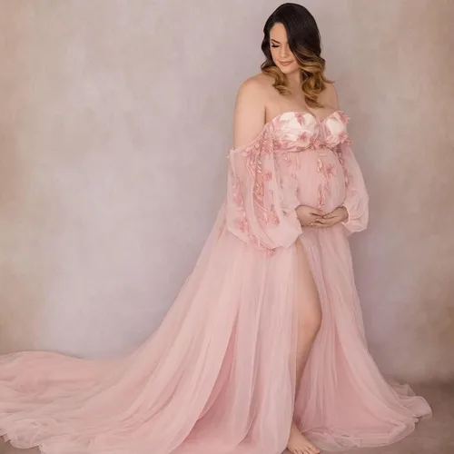 Vista 2 de Vestidos de maternidad de manga larga para sesión de fotos, lencería, batas de novia, vestido de embarazo, vestido de baby shower