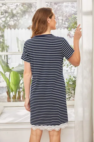 Vista 5 de Ekouaer - Camisón cómodo de manga corta para mujer, a rayas, para dormir, con botones, pijama estilo vestido, tallas S a XXXL