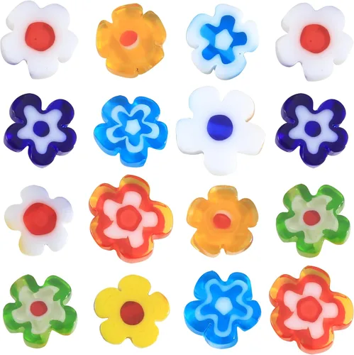 Vista 4 de Weebee Millefiori - Cuentas sueltas de cristal con forma de corazón y flores planas, cuentas espaciadoras redondas para hacer joyas, 100