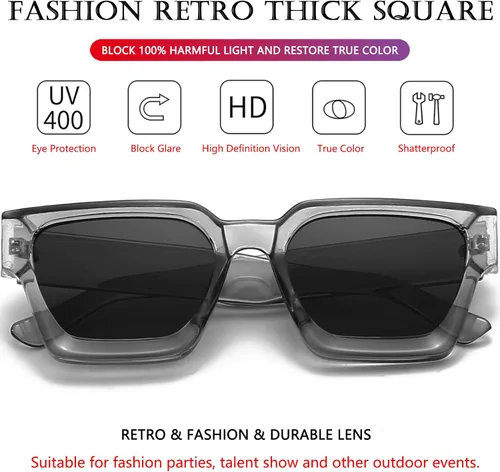 Vista 176 de AIEYEZO Gafas de sol cuadradas para mujeres y hombres, gafas de sol cuadradas con montura gruesa, estilo de diseñador simple