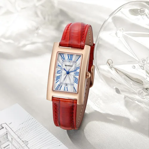 Vista 4 de BERNY Reloj rectangular de cuarzo con marcadores clásicos de números romanos para mujer, reloj de pulsera analógico casual con calendario de fecha