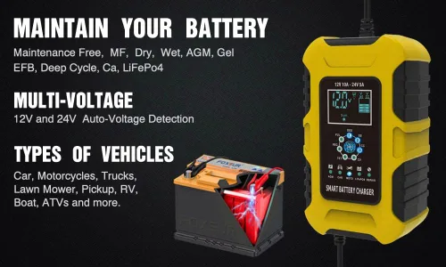 Vista 8 de Cargador rápido de batería de coche de 12 V/24 V y 10 amperios para baterías húmedas/GEL/SLA/LiFePO4/plomo-ácido/AGM, cargador de batería