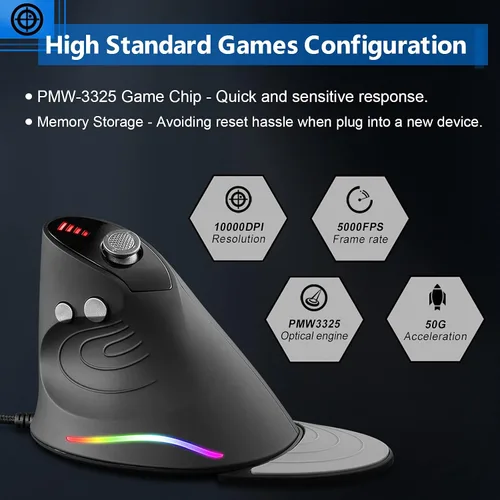 Vista 3 de Mouse para juegos con basculante 5 D, mouse ergonómico TRELC con 10000 DPI12 botones programablesreposamanos, ratones verticales RGB con cable