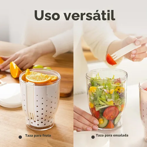 Vista 7 de Vasos de frutas de viaje de 25 onzas para automóvil, taza de almacenamiento de ensalada de frutas con tenedor y tapas, recipientes reutilizables a