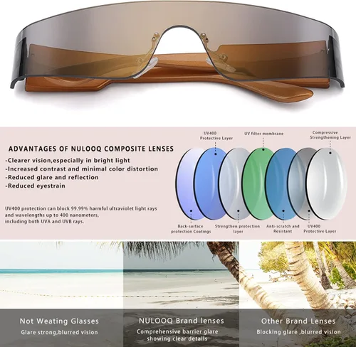 Vista 4 de NULOOQ Y2K - Gafas de sol futuristas envolventes sin montura para mujeres y hombres, gafas de sol de moda Cyberpunk con visera monobloque