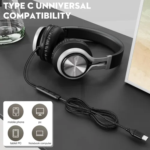 Vista 7 de Bywulanda Auriculares USB C con micrófono y control de volumen, auriculares estéreo sobre la oreja para iPhone 17/16/15, ajuste cómodo, auriculares