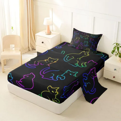 Vista 6 de Feelyou Cat Bed Sheets Set Twin Size Halloween Themed Bed Set Trick or Treat Deep Pocket Fitted Sheet Scaredy Cat Breathable Soft Lightweight
