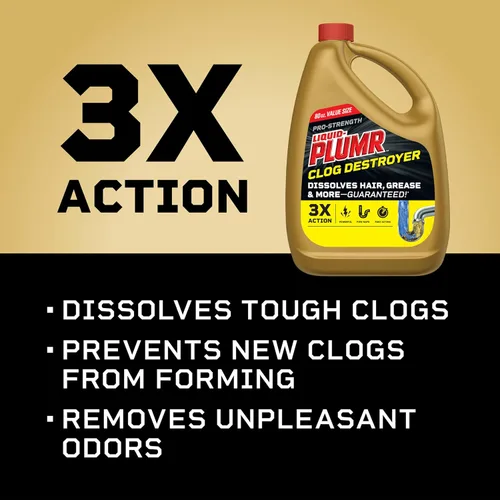 Vista 3 de Clorox Liquid-Plumr Pro-Strength - Destructor de obstrucciones, limpiador de drenaje líquido, 80 onzas líquidas (el paquete puede variar)