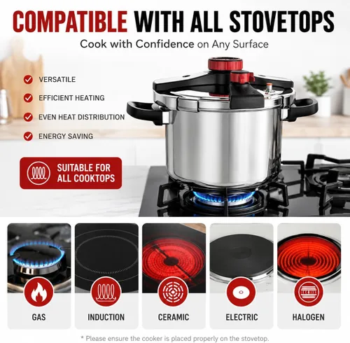 Vista 5 de BreeRainz 304 Olla a presión de acero inoxidable 8.45QT 3-Stage PSI Settings,One-Hand Locking,Pressure Pot with Extra Glass Lid, Timer,Steaming