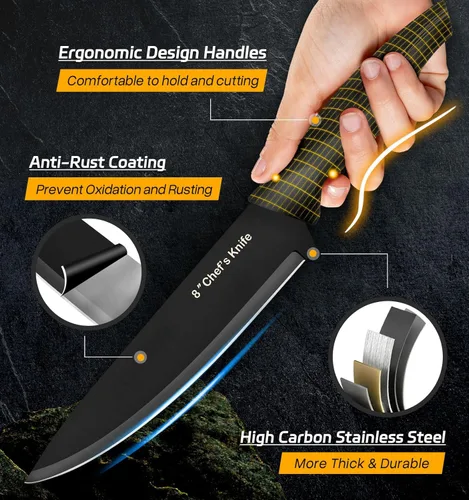 Vista 3 de XANAPON Juego de cuchillos de cocina de 14 piezas, acero inoxidable alemán de alto carbono, cubiertos aptos para lavavajillas con afilador