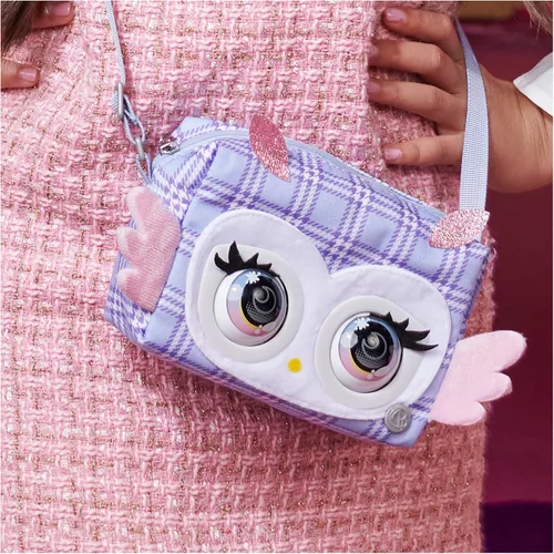 Vista 6 de Purse Pets, Print Perfect Hoot Couture Owl, juguete interactivo para mascotas y bolsa de hombro con más de 30 sonidos y reacciones, juguetes