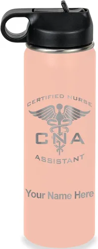 Vista 64 de LaserGram Botella de agua personalizada, asistente de enfermería certificada por la CNA, acero inoxidable de doble pared aislada al vacío con popote