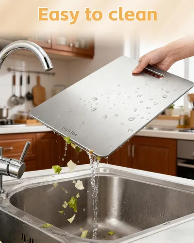 Vista 5 de Juego de 3 tablas de cortar de acero inoxidable para cocina, juego de tablas de cortar antiadherentes de acero inoxidable 304, aptas