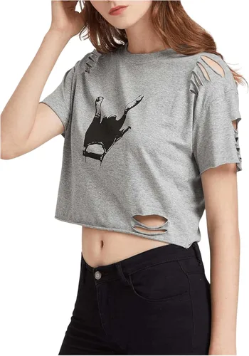 Vista 4 de SweatyRocks - Camiseta ombliguera desgastada con manga corta e impresión gráfica, para mujer