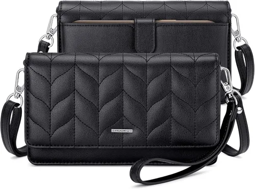 Vista 13 de nuoku - Bolso bandolera pequeño para mujer con ranuras para tarjetas RFID, 2 correas negro (A- Black)