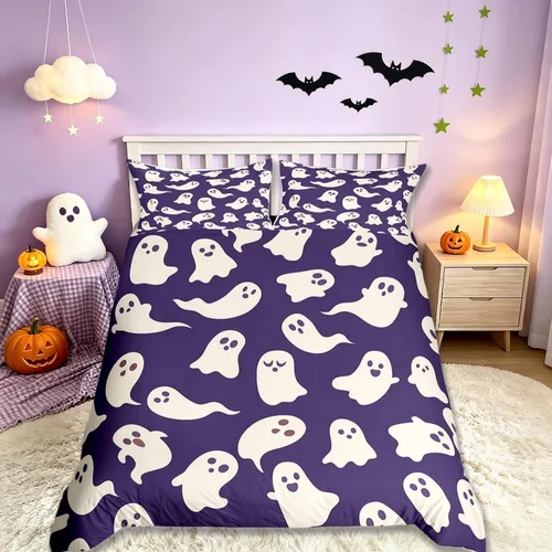 Vista 9 de Juego de funda de edredón con temática de Halloween, tamaño individual, estampado de animales salvajes de murciélagos rosados para niños y niñas