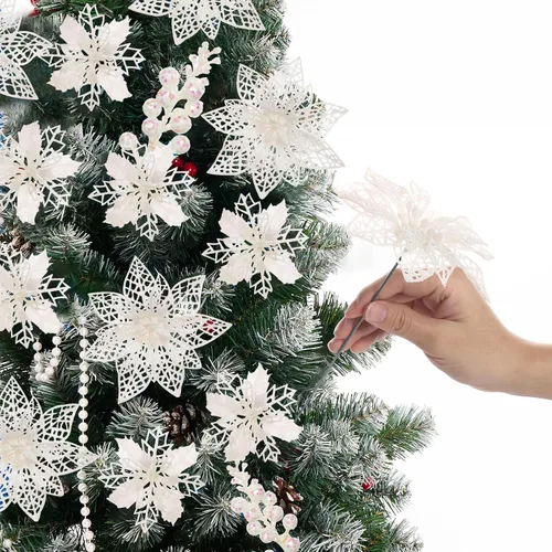 Vista 5 de Juego de 22 flores artificiales de flor de pascua navideña y tallos de bayas con purpurina, 16 adornos de flores de árbol de Navidad con purpurina