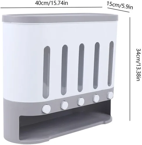 Vista 9 de Dispensador de cereales montado en la pared de 19.8 lbs, dispensador de alimentos secos de 5 rejillas, contenedor de almacenamiento de granos