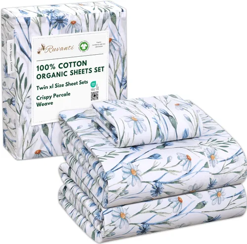 Vista 158 de RUVANTI Juego de sábanas de algodón orgánico 100% tamaño completo, tejido de percal, certificado GOTS, juego de 4 piezas, bolsillo profundo de 15