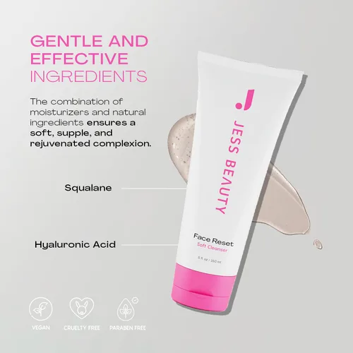 Vista 4 de JESS BEAUTY Limpiador facial suave con escualano y ácido hialurónico, 5 onzas líquidas, hidratante facial para cuidado de la piel