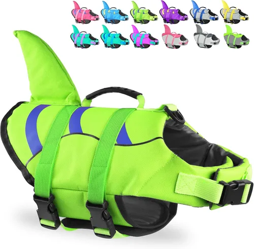Vista 13 de Chaleco salvavidas para perros de Fragralley Shark, chaleco salvavidas ajustable para perros con aleta de tiburón, adecuado para perros pequeños