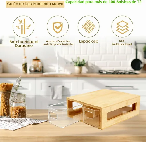 Vista 4 de Organizador de bolsitas de té, bambú y acrílico, soporte para bolsitas de té de madera, almacenamiento para cajones con 2 compartimentos espaciosos