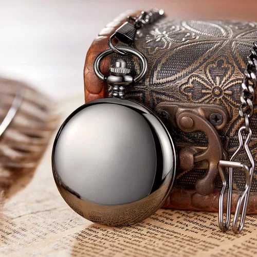 Vista 4 de Reloj de bolsillo negro liso para hombre, esfera digital árabe de cuarzo con cadena, reloj de bolsillo para hombre, Gris, Moda