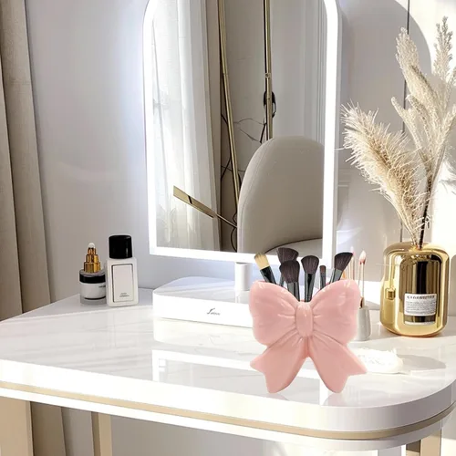 Vista 6 de Jarrón de cerámica con lazo rosa, diseño contemporáneo, decoración de lazo rosa, soporte para bolígrafo, soporte para brochas de maquillaje, regalo