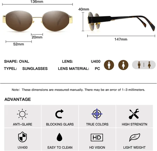 Vista 5 de Lentes de sol ovalados para mujer, diseño de moda, para cara pequeña, marco de metal retro, sombras para mujer
