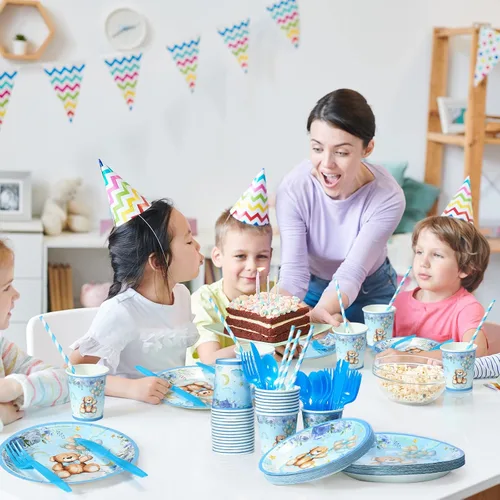 Vista 4 de 200 piezas de decoración de oso para baby shower para 25 invitados, platos de papel para baby shower, servilletas para niños, juegos de oso azul