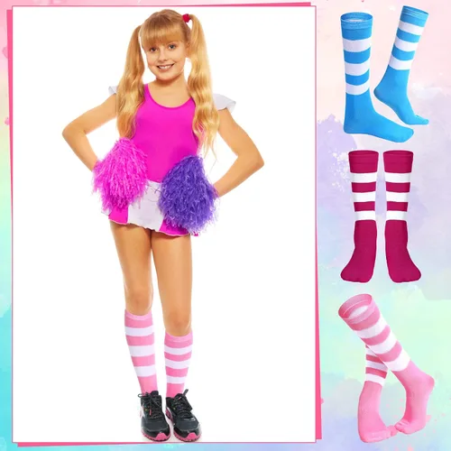 Vista 4 de Giegxin 6 pares de calcetines coloridos a rayas para niños, calcetines de tubo de color neón a rayas para niñas, fiesta de disfraces