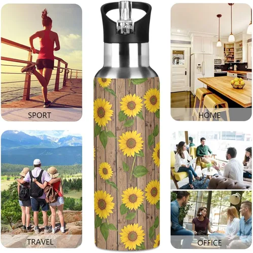 Vista 5 de Sunflowers Green Leaves Insulated Stainless Steel Water Bottle with Straw 20 Oz, BPA-Free Sport Water Bottle Insulated Leakproof Water Bottles